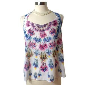 Penelope Womens Sleeveless Blouse XL Peacock Print Featival Strappy Boho